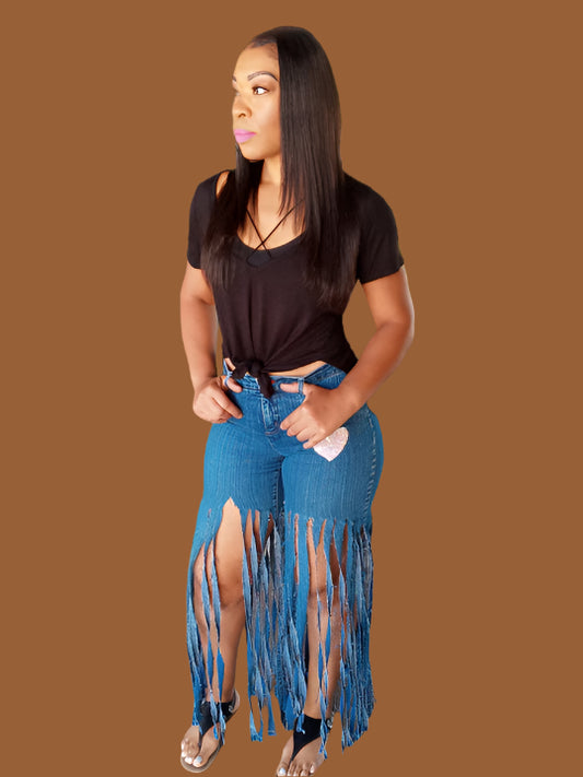 SHREDDED STRING DENIM PANTS