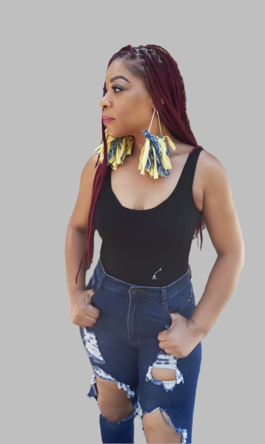 YELLOW/BLUE DENIM BOHO SHREDDED EARRINGS