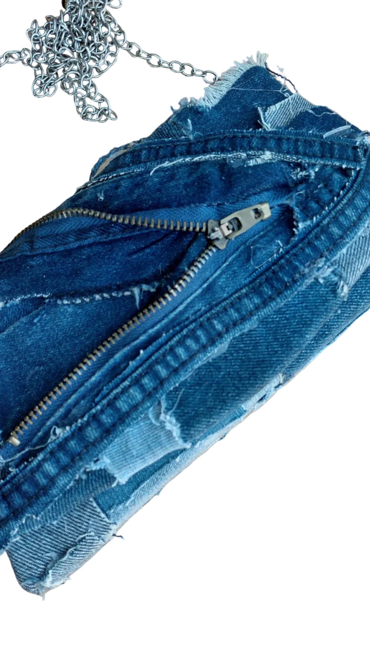 CLUTCH STYLE DENIM PURSE WITH SILVER CHAIN STRAP