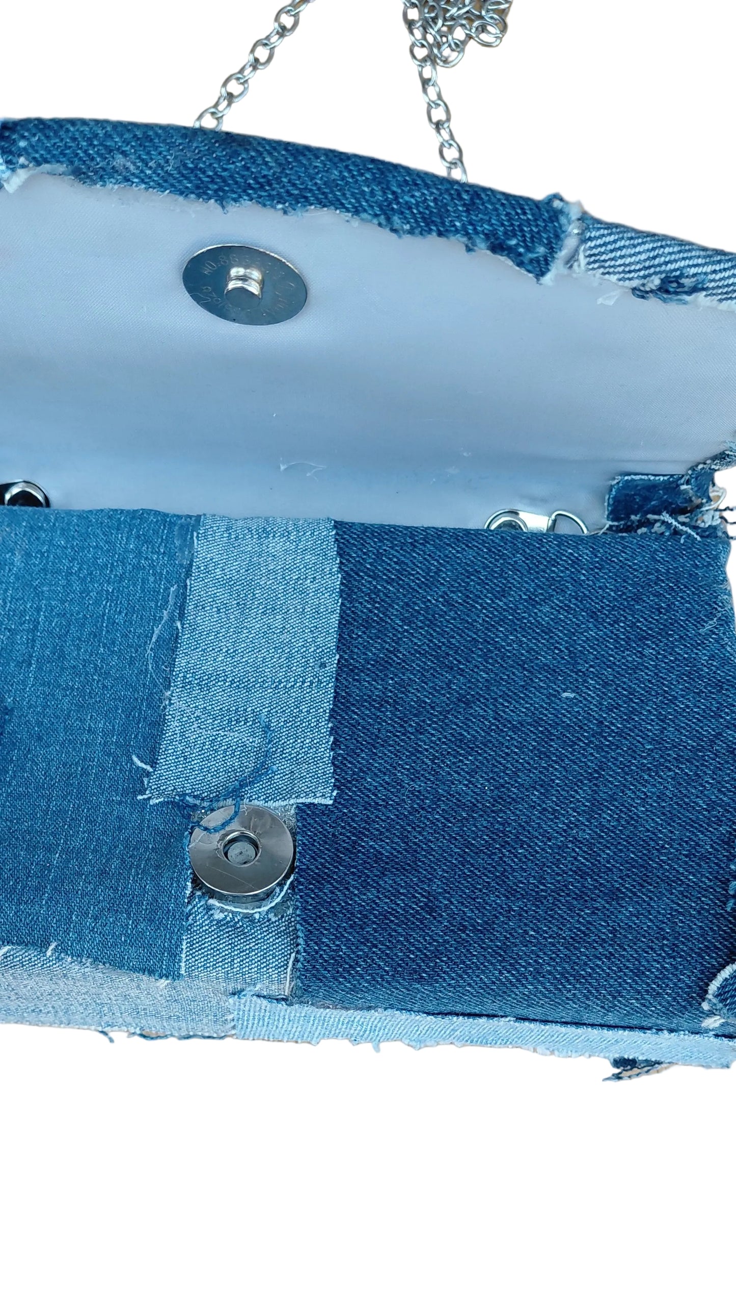 CLUTCH STYLE DENIM PURSE WITH SILVER CHAIN STRAP