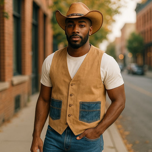 COWBOY STYLE LEATHER UPCYLE VEST WITH DENIM POCKETS