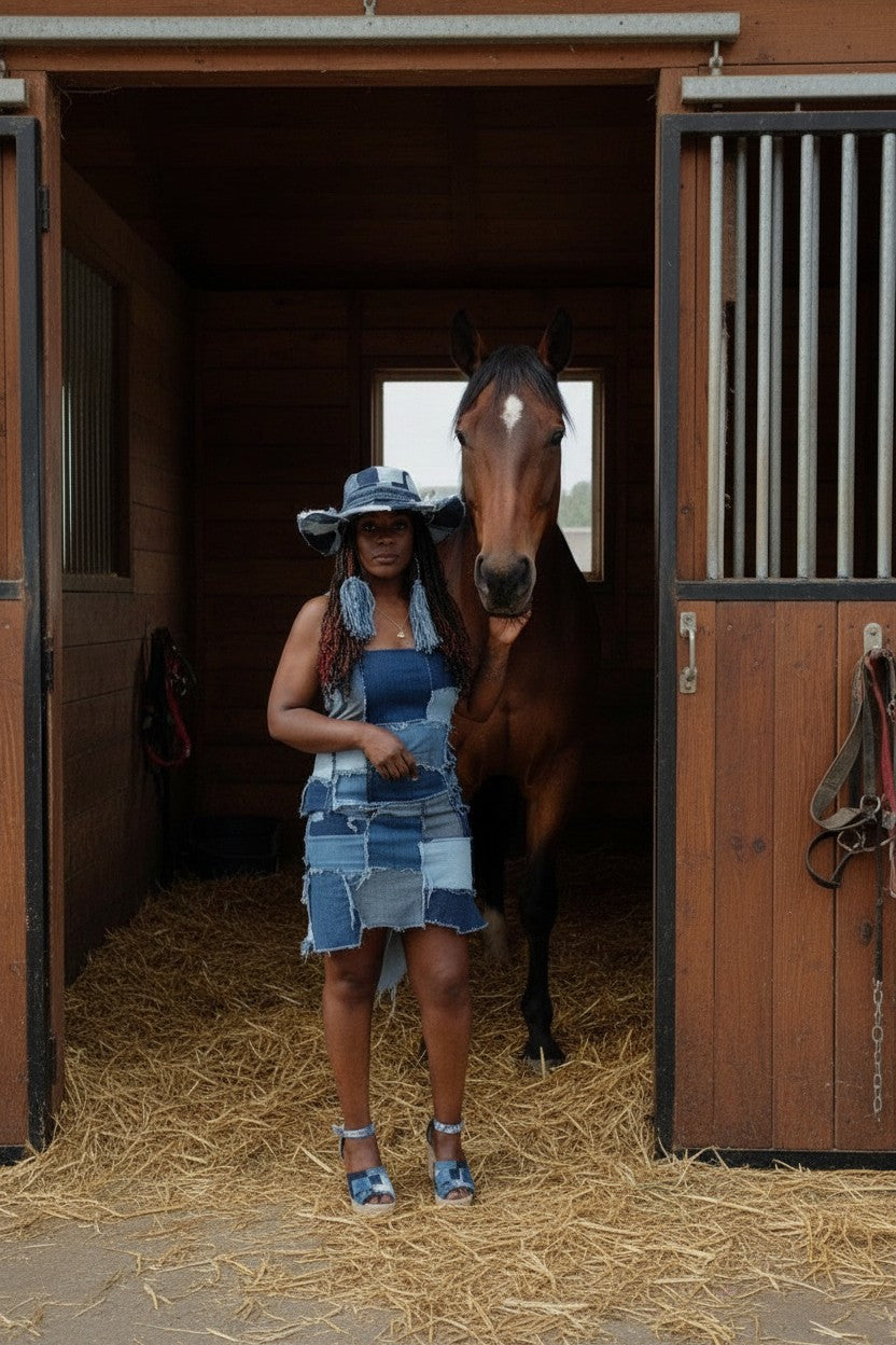 SLEEVLESS DENIM RUGGED PATCH DRESS