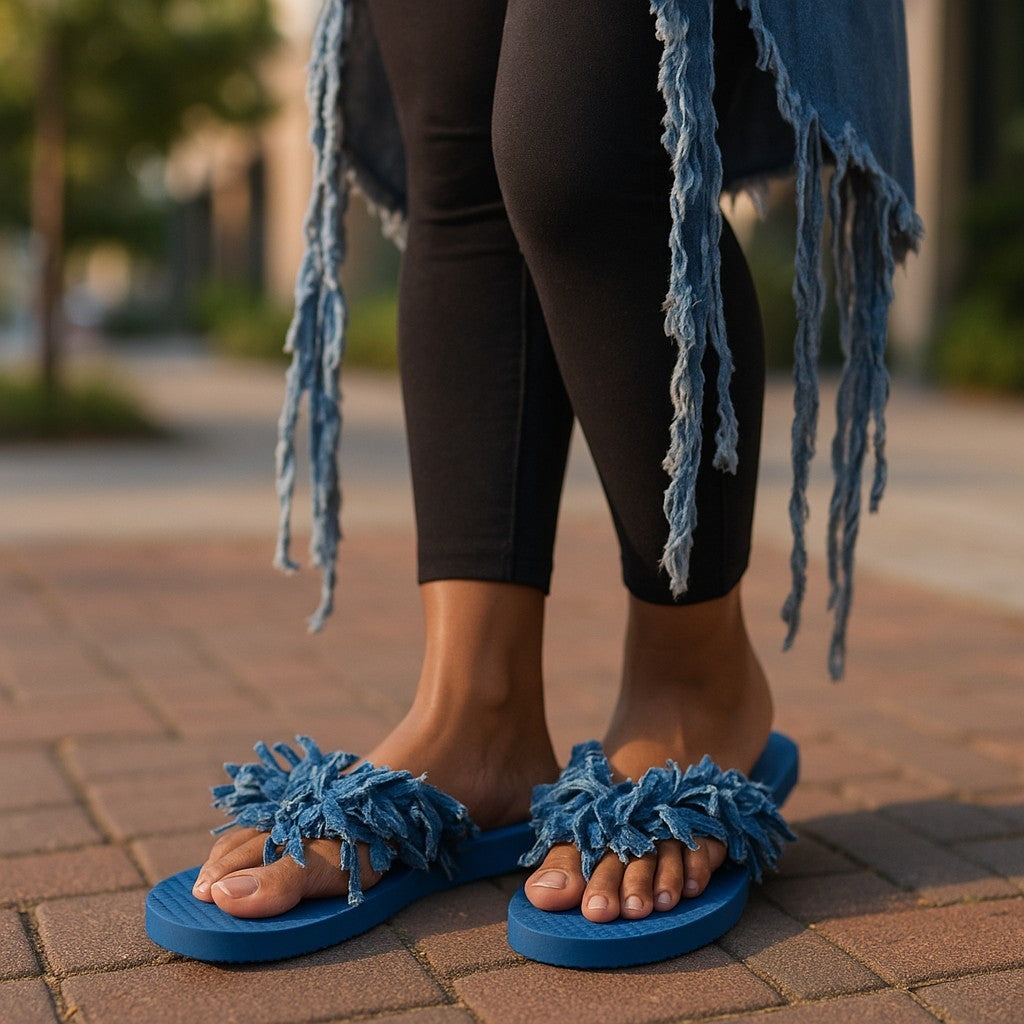 DENIM SLIPPER WITH SHREDDED EARRINGS