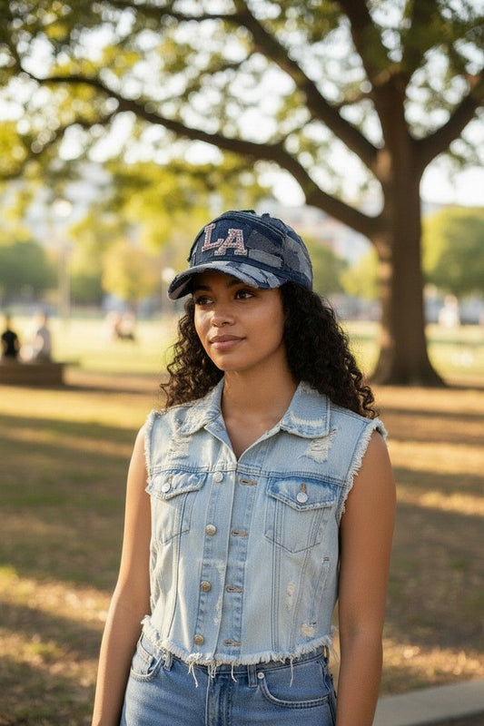 LOS ANGELES OR LOUISIANA FAUX PEARL DENIM CAP
