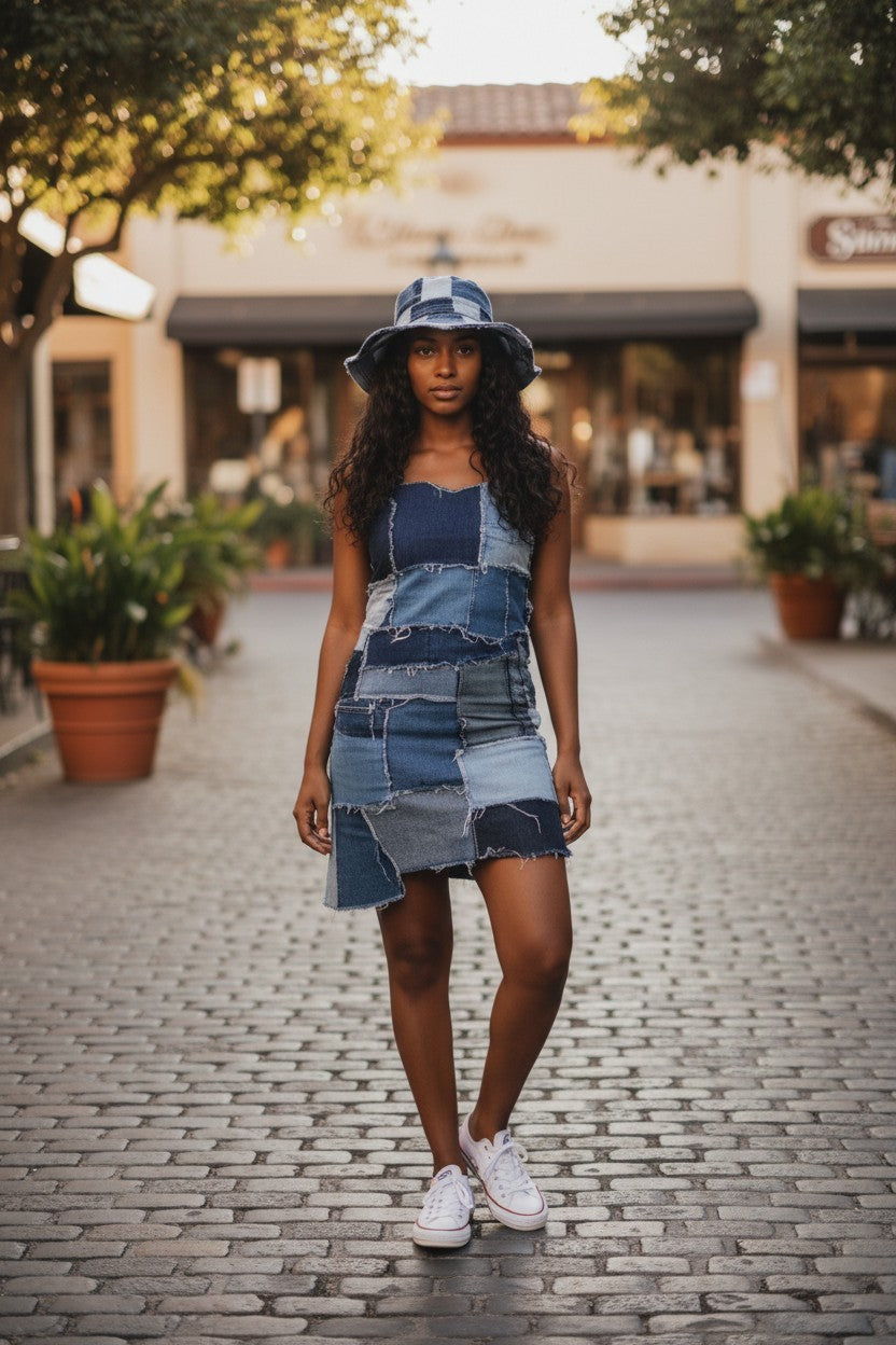 SLEEVLESS DENIM RUGGED PATCH DRESS