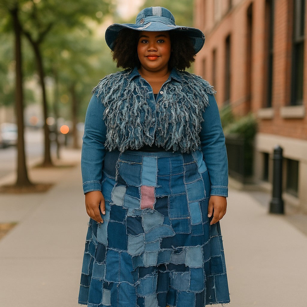 RUGGED STYLE PATCH DENIM SKIRT WITH RUGGED STYLE DERBY HAT
