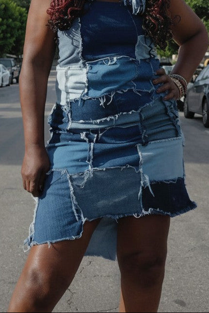 SLEEVLESS DENIM RUGGED PATCH DRESS