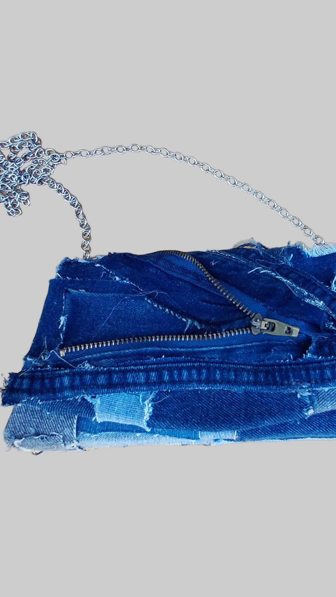 CLUTCH STYLE DENIM PURSE WITH SILVER CHAIN STRAP