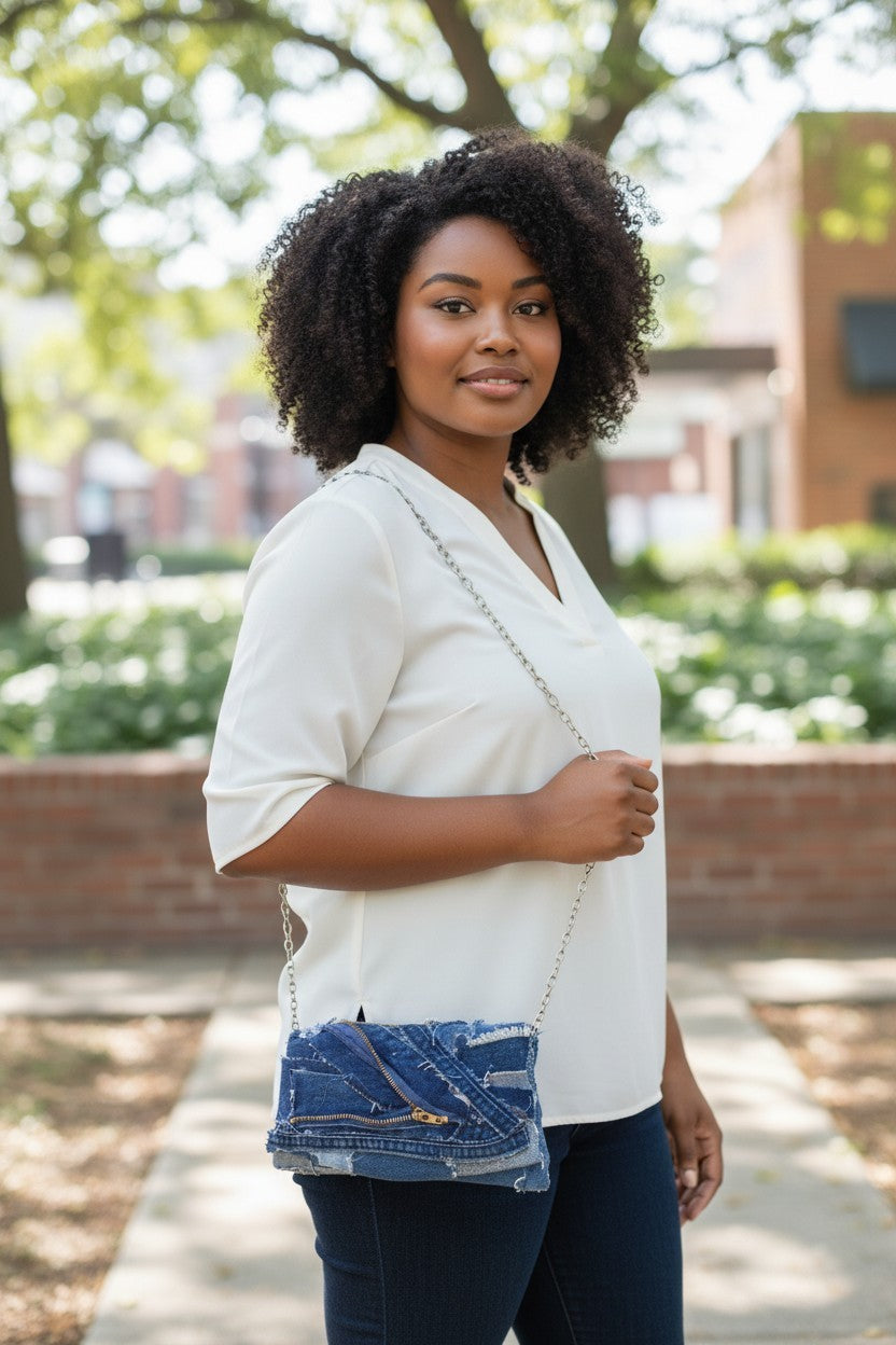 CLUTCH STYLE DENIM PURSE WITH SILVER CHAIN STRAP