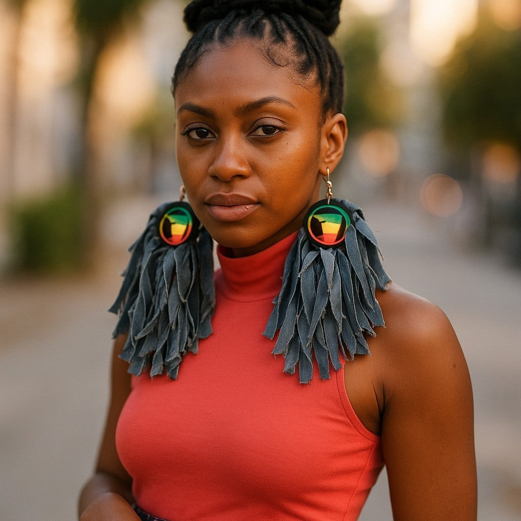 SHREDDED DENIM EARRING AFRICA CONTINENT