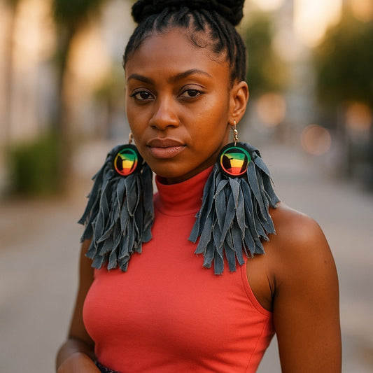 SHREDDED DENIM EARRING AFRICA CONTINENT