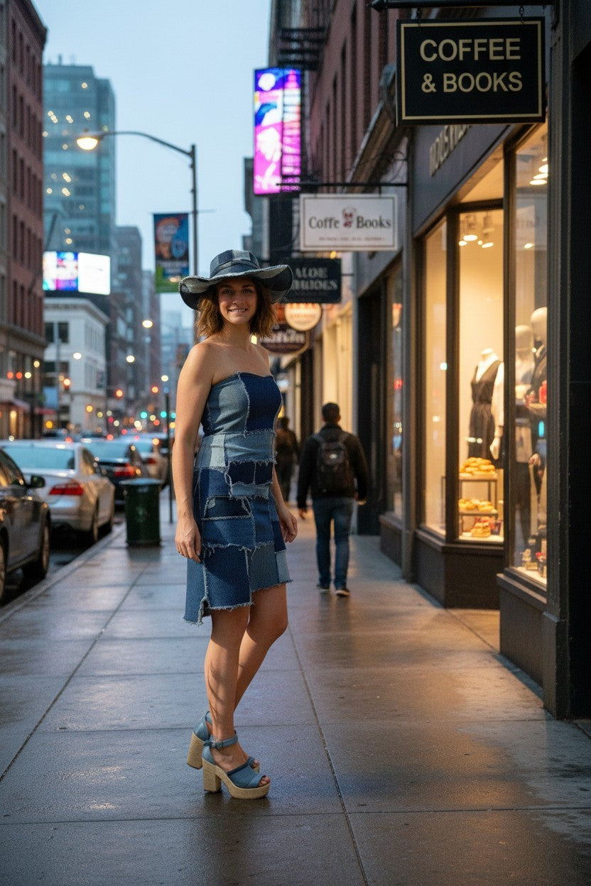 SLEEVLESS DENIM RUGGED PATCH DRESS